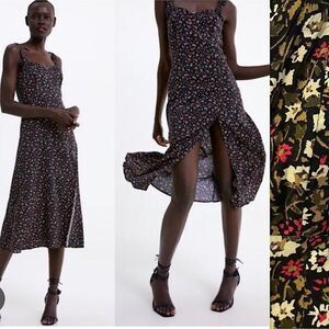 Zara micro Floral print Midi slip Dress viscose black green silky M